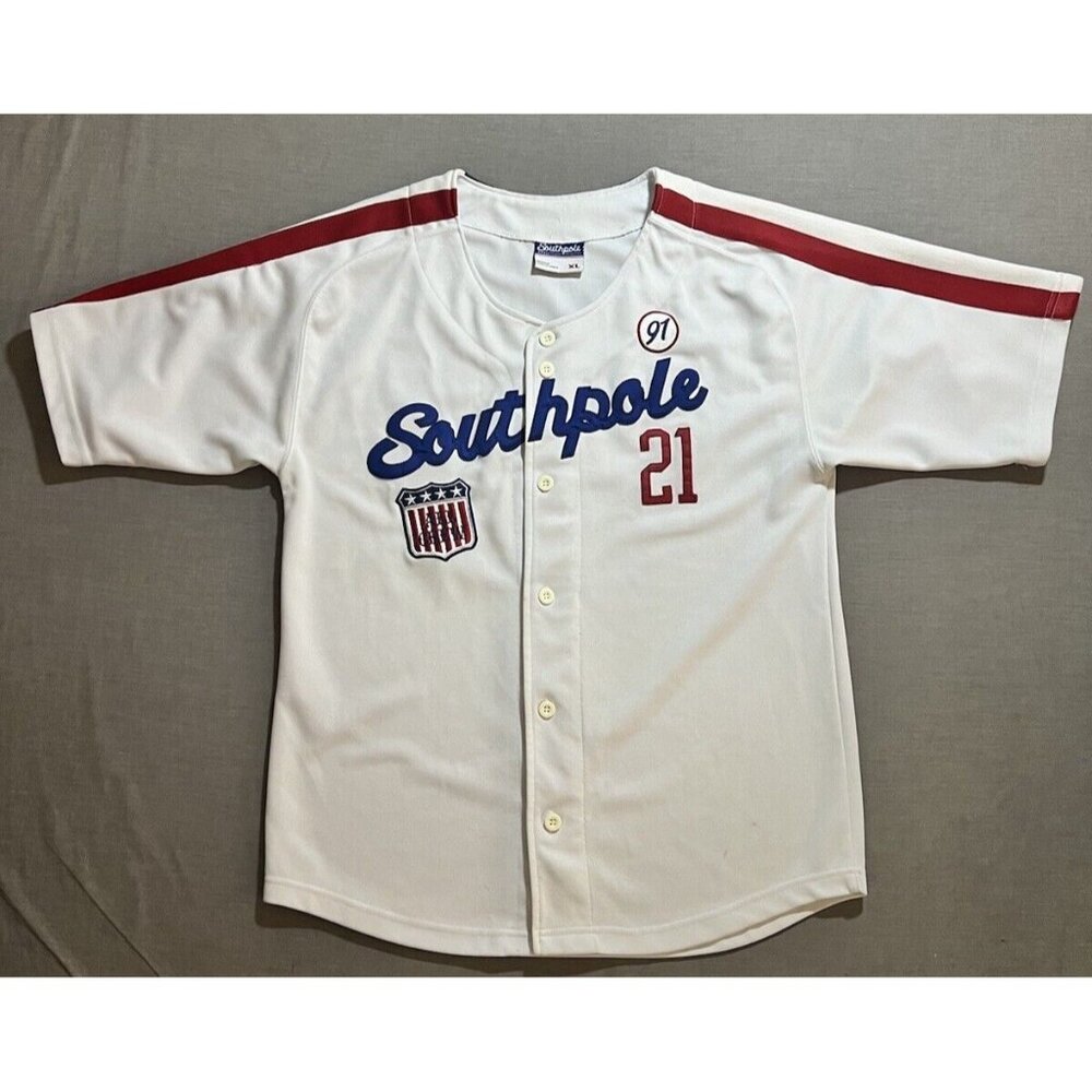 Vintage‎ Southpole Baseball Jersey Mens XL White Button Short Sleeve 90s.